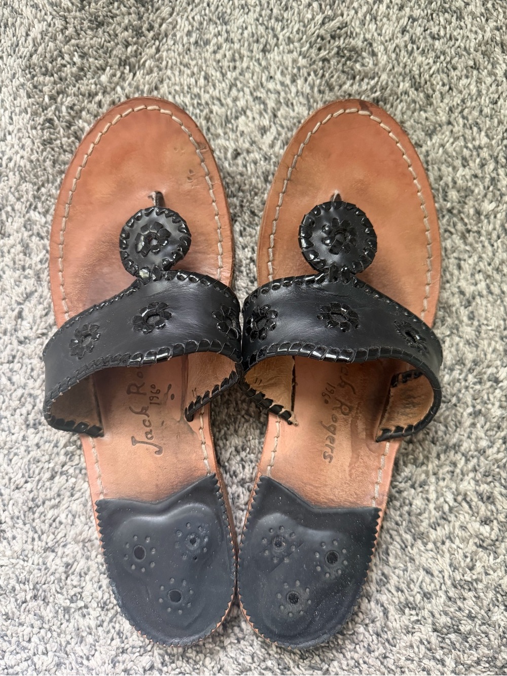 Jack Rogers Black & Tan Leather Slide Sandals with Signature Rondelle